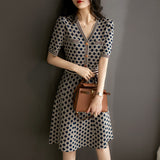 Vintage Checkered V - Neck Knitted Dress - Waist - Cinching Short - Sleeved Tweed - Style A - Line Skirt
