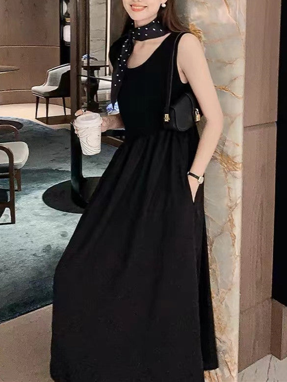 Sleeveless Patchwork Knitted Dress - Hepburn - Style Waist - Cinching Flared Maxi Skirt, Elegant Little Black Dress