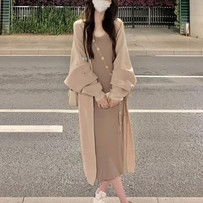 Minimalist Knitted Slip Dress + Long Cardigan Set - Comfortable Loose Two - piece, Daily Versatile