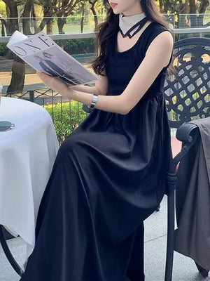 Sleeveless Patchwork Knitted Dress - Hepburn - Style Waist - Cinching Flared Maxi Skirt, Elegant Little Black Dress