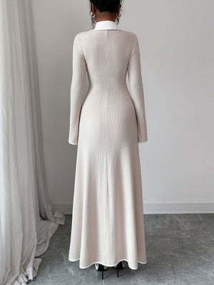 Fake Two - Piece Shirt Collar Knitted Dress - Slim - Fit Flared - Sleeve Long Knitted Dress, Elegant Style