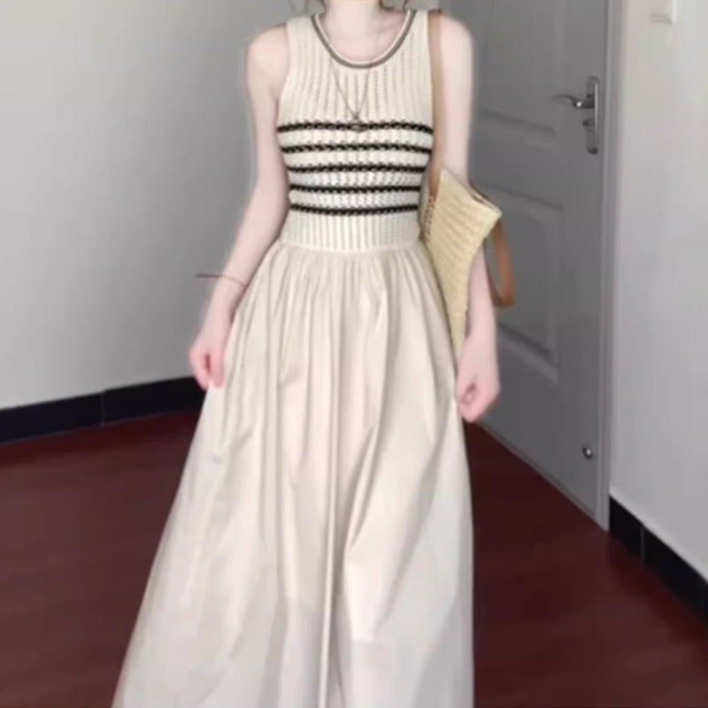 Color - Block Striped Sleeveless Knitted Patchwork Dress - High - Waisted Flared Elegant Maxi Skirt