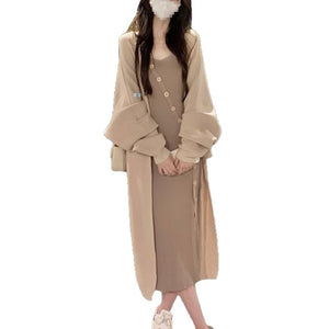 Minimalist Knitted Slip Dress + Long Cardigan Set - Comfortable Loose Two - piece, Daily Versatile