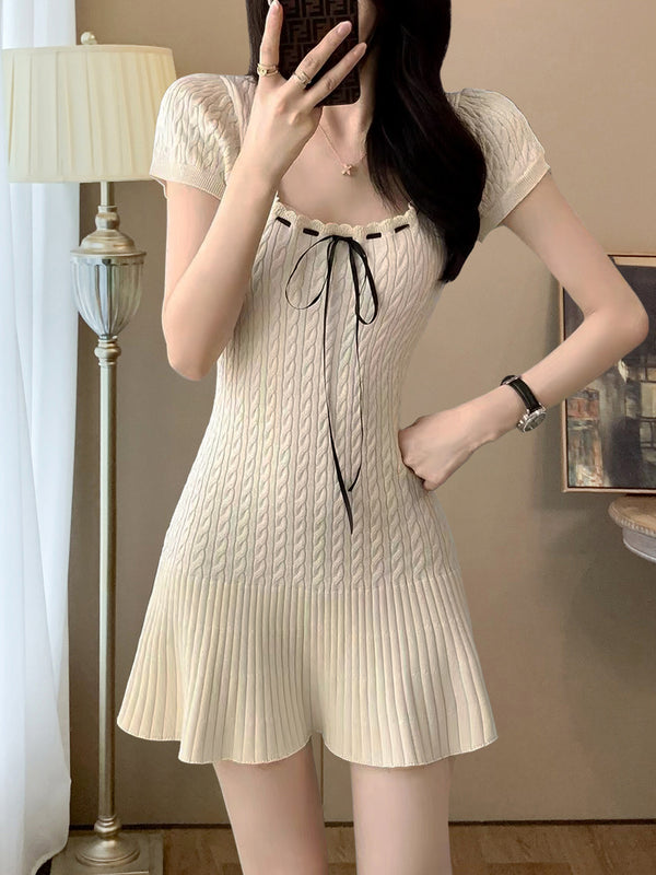 Square Neck Tie - Up Knitted Dress - Short - Sleeve Cable - Knit Waist - Cinching Flared Skirt, French Sweet & Chic Style