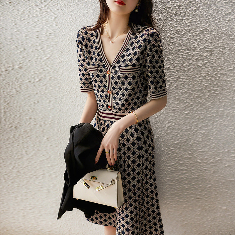 Vintage Checkered V - Neck Knitted Dress - Waist - Cinching Short - Sleeved Tweed - Style A - Line Skirt