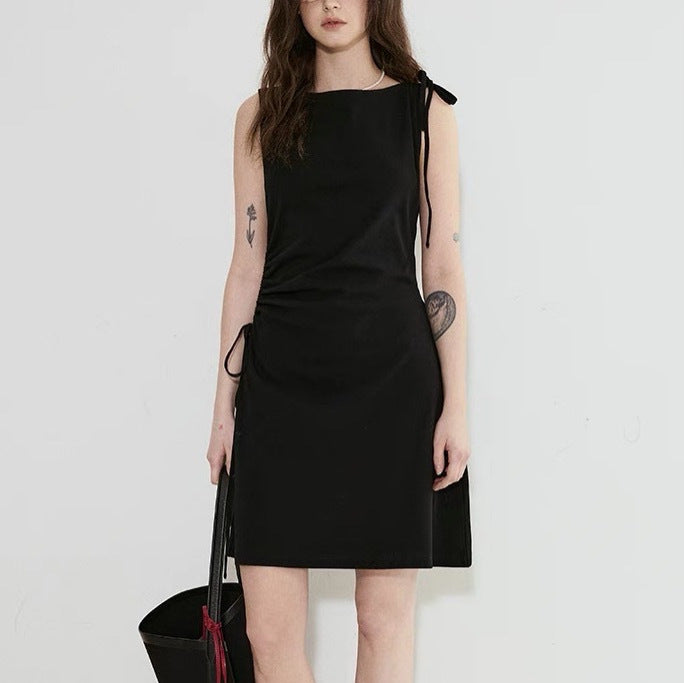 Sleeveless Drawstring - Design Knitted Dress - Minimalist Solid - Color Slim Midi Dress, Fashionable & Unique Style