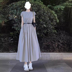 Simple Patchwork Knitted Dress - Crew Neck Sleeveless Waist - Cinching Flared Skirt, Casual & Artistic Style