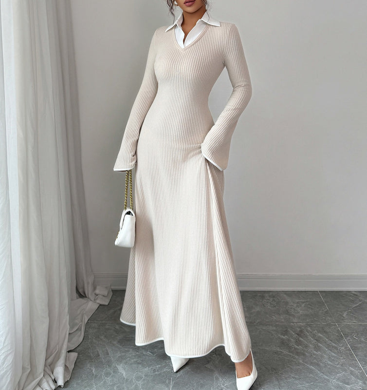 Fake Two - Piece Shirt Collar Knitted Dress - Slim - Fit Flared - Sleeve Long Knitted Dress, Elegant Style