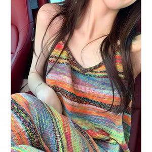 Colorful Striped V - Neck Knitted Slip Dress - Slim Fit Long Maxi Dress, Retro Fashion Rainbow Skirt