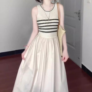 Color - Block Striped Sleeveless Knitted Patchwork Dress - High - Waisted Flared Elegant Maxi Skirt