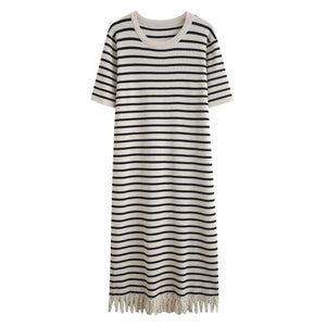 Striped Tassel Knitted Dress - Crew Neck Short - Sleeve Loose Maxi Skirt, Casual Fashion Style