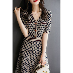 Vintage Checkered V - Neck Knitted Dress - Waist - Cinching Short - Sleeved Tweed - Style A - Line Skirt