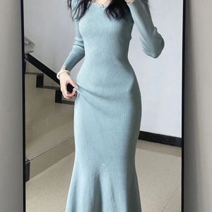 Light Blue Heart - Shaped Neckline Mermaid Knitted Dress - Slim - Fit Long - Sleeve Elegant Maxi Skirt, Highlighting Body Curves