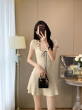 Square Neck Tie - Up Knitted Dress - Short - Sleeve Cable - Knit Waist - Cinching Flared Skirt, French Sweet & Chic Style