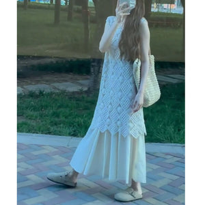 Hollow - Out Crochet Sleeveless Knitted Dress Set - Artistic & Fresh Two - Piece Maxi Skirt