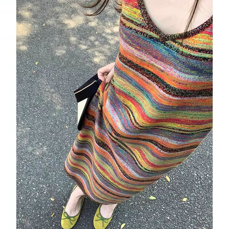 Colorful Striped V - Neck Knitted Slip Dress - Slim Fit Long Maxi Dress, Retro Fashion Rainbow Skirt