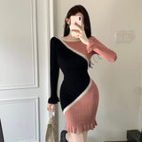 Color - Block Patchwork Knitted Dress - Asymmetric Design with Ruffled Hem, Slim - Fit Long - Sleeve Bodycon Skirt