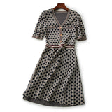 Vintage Checkered V - Neck Knitted Dress - Waist - Cinching Short - Sleeved Tweed - Style A - Line Skirt