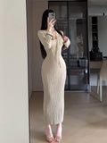 Slim Fit Halter Neck Tie - Up Knitted Dress - Long Sleeve Bodycon Maxi Skirt, Elegant Solid Color Design