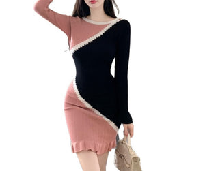 Color - Block Patchwork Knitted Dress - Asymmetric Design with Ruffled Hem, Slim - Fit Long - Sleeve Bodycon Skirt