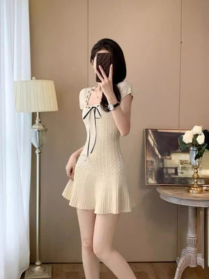 Square Neck Tie - Up Knitted Dress - Short - Sleeve Cable - Knit Waist - Cinching Flared Skirt, French Sweet & Chic Style