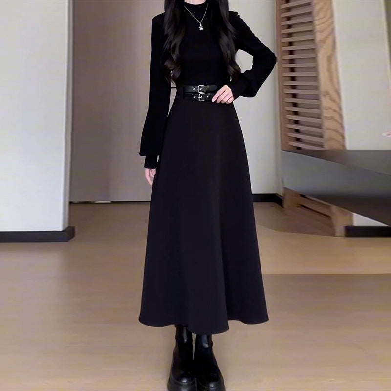 Turtleneck Waist - Cinching Knitted Dress - Flared - Sleeve Hepburn - Style Little Black Dress, Elegant & Slimming