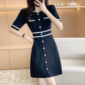 Color - Block Patchwork Knitted Dress - Lapel Single - Row Button Waist - Cinching A - Line Skirt, French Chic Style