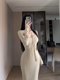 Slim Fit Halter Neck Tie - Up Knitted Dress - Long Sleeve Bodycon Maxi Skirt, Elegant Solid Color Design