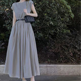 Simple Patchwork Knitted Dress - Crew Neck Sleeveless Waist - Cinching Flared Skirt, Casual & Artistic Style