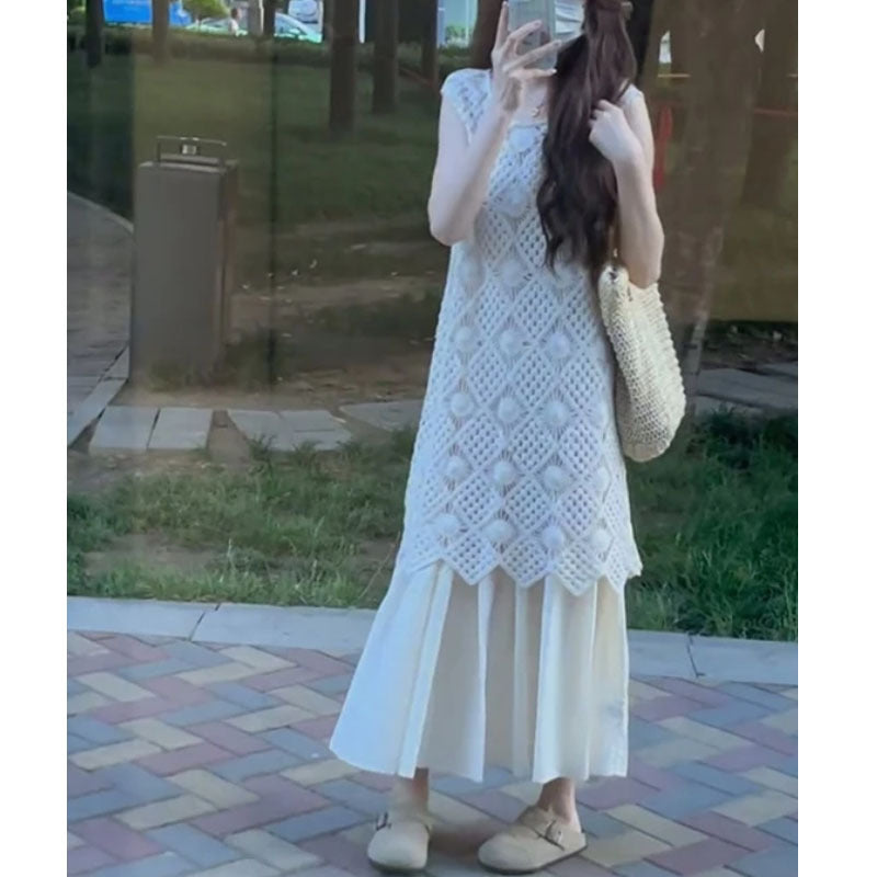 Hollow - Out Crochet Sleeveless Knitted Dress Set - Artistic & Fresh Two - Piece Maxi Skirt
