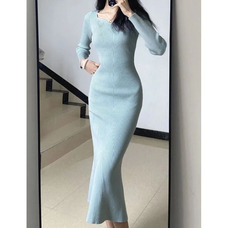 Light Blue Heart - Shaped Neckline Mermaid Knitted Dress - Slim - Fit Long - Sleeve Elegant Maxi Skirt, Highlighting Body Curves