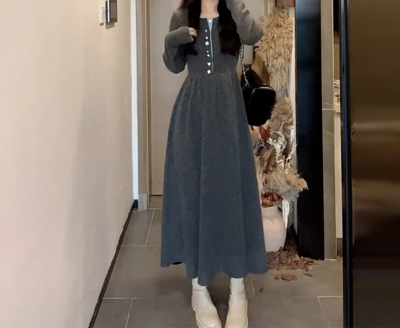 Vintage Single - Row Button Knitted Dress - Waist - Cinching Slim - Fit Maxi Skirt, Comfortable & Elegant Style