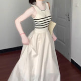 Color - Block Striped Sleeveless Knitted Patchwork Dress - High - Waisted Flared Elegant Maxi Skirt