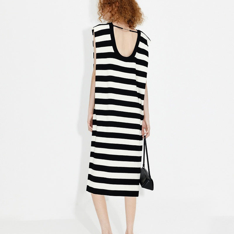 Black and White Striped Sleeveless Knitted Dress - Loose Fit Backless Midi Dress, Fashionable Casual Style