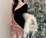 Color - Block Patchwork Knitted Dress - Asymmetric Design with Ruffled Hem, Slim - Fit Long - Sleeve Bodycon Skirt