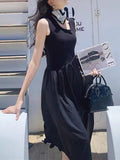 Sleeveless Patchwork Knitted Dress - Hepburn - Style Waist - Cinching Flared Maxi Skirt, Elegant Little Black Dress
