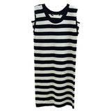 Black and White Striped Sleeveless Knitted Dress - Loose Fit Backless Midi Dress, Fashionable Casual Style
