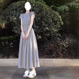 Simple Patchwork Knitted Dress - Crew Neck Sleeveless Waist - Cinching Flared Skirt, Casual & Artistic Style