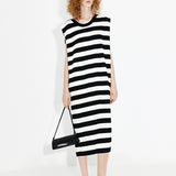 Black and White Striped Sleeveless Knitted Dress - Loose Fit Backless Midi Dress, Fashionable Casual Style