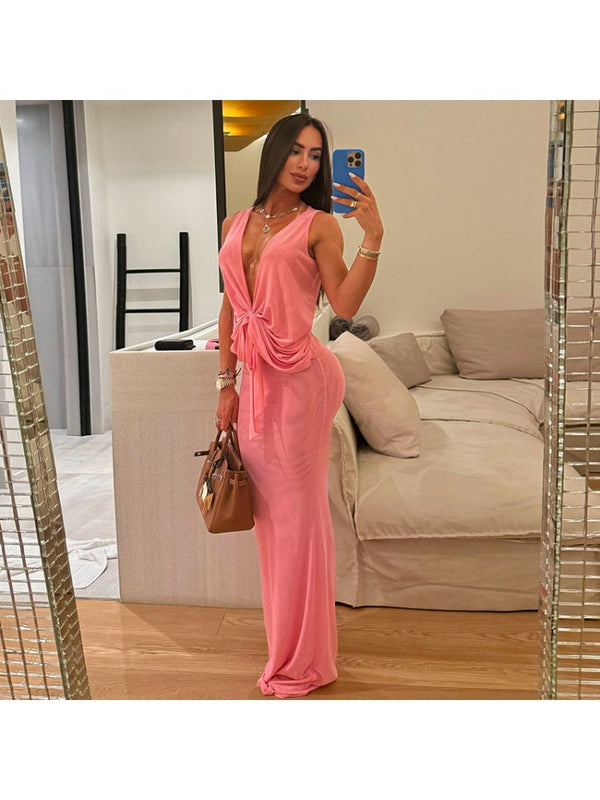 Deep V Silhouette Flowing Maxi Dress