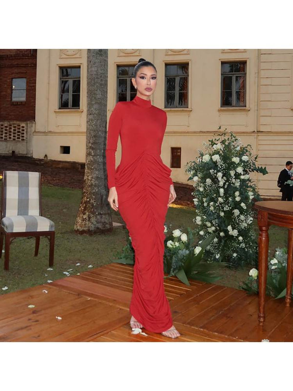 Backless Turtleneck Ruched Dress