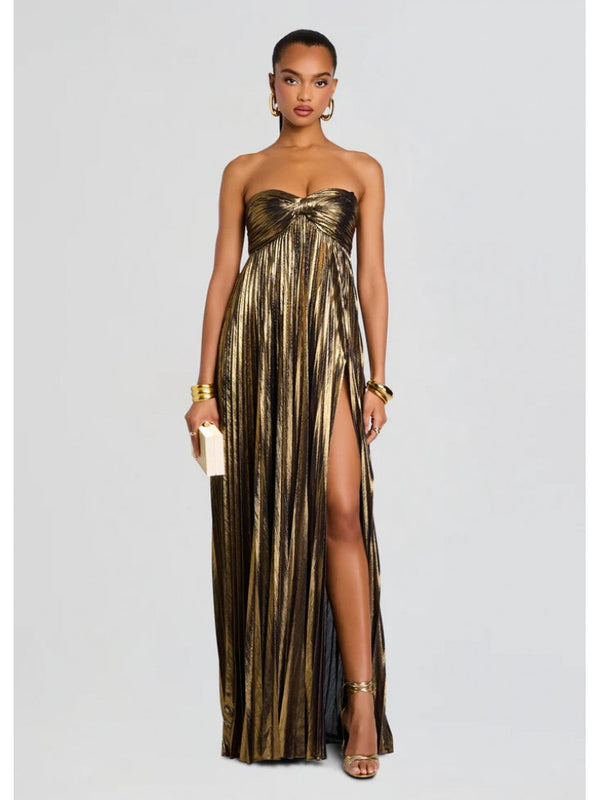 Graceful Pleated Split Hem Midi Dress