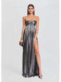 Graceful Pleated Split Hem Midi Dress